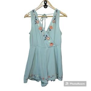 Altar'd State Boho Embroidered Floral Baby Blue Green Romper Size S